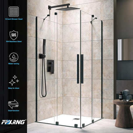 Wall Mounted Black Shower Faucet Set, Rainfall 10" Square Head with Valve Kit