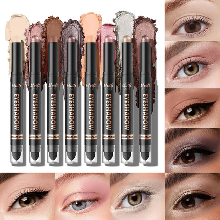 8 Color Dual-Ended Eyeshadow Stick Set, Waterproof Matte Shimmer, Smoky Eye Makeup