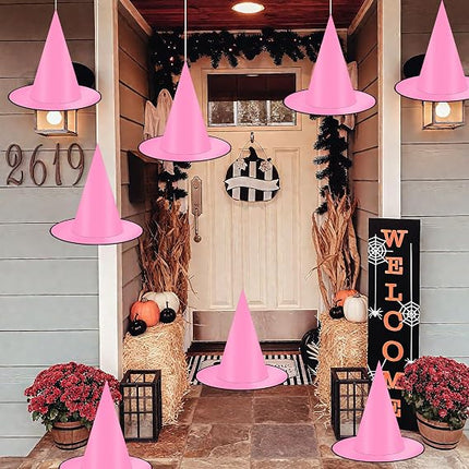 12 Hanging Black & Pink Witch Hats with 16 3D Bat Stickers, Halloween Decor