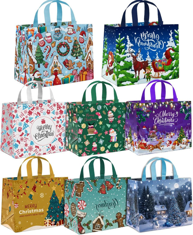 8PCS Christmas Tote Bags – Non-Woven Reusable Holiday Gift Bags