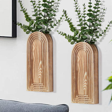2 Pack Wooden Wall Vase Set, Brown Farmhouse Boho Decor for Entryway & Living Room