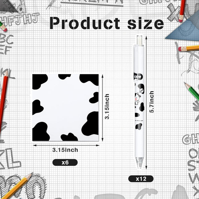 18-Pcs Cow Print Set – 12 Cow Pens & 300 Sheets Notes, Black Ink Gel Pens for School & Office