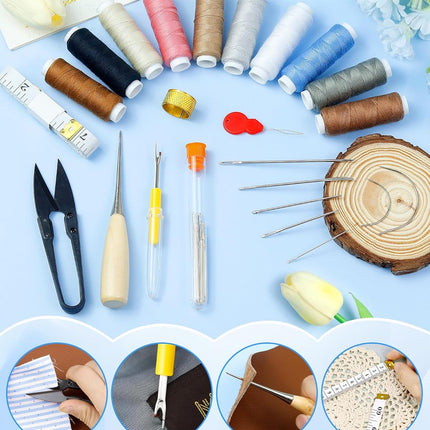 47Pc Upholstery Repair Kit Heavy Duty Sewing Awl Seam Ripper Thread 10 Colors