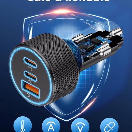 67W USB-C Car Charger – 3-Port Fast Charging Adapter for iPhone & Android
