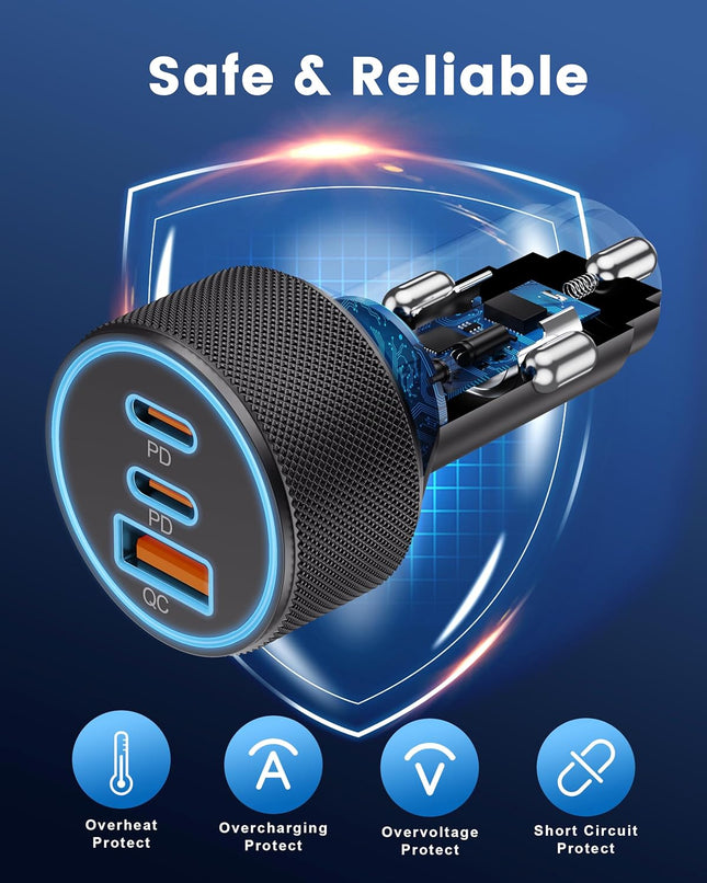 67W USB-C Car Charger – 3-Port Fast Charging Adapter for iPhone & Android