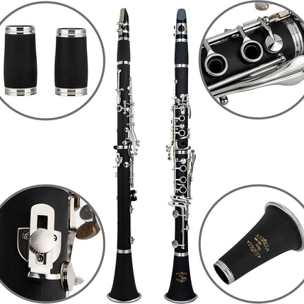 GLY-PBK Ebonite Bb Clarinet – 10 Reeds, Stand, Case, Cleaning Cloth & Accessories
