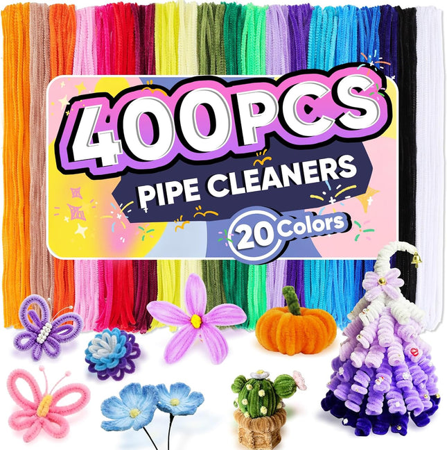 400 Pcs Chenille Pipe Cleaners for Crafts, 20 Colors Flexible Stems for DIY Flowers and Decor