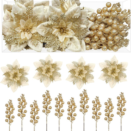 24pcs Gold Christmas Decorations – 12 Poinsettia Flowers & 12 Glitter Tree Picks