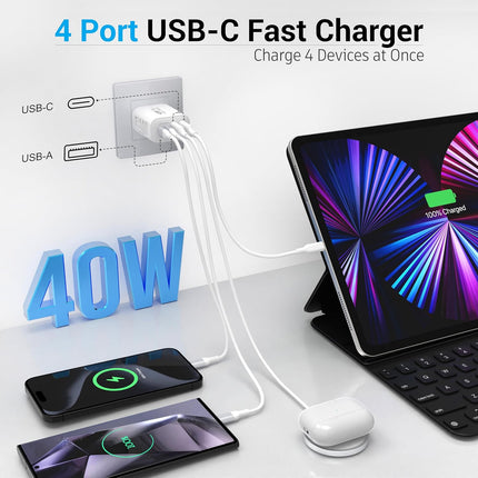 40W 4-Port USB-C Charger Block, Fast Charging for iPhone, Samsung, QC Adapter