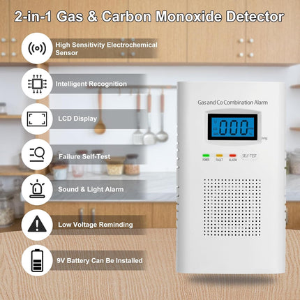 Combination Carbon Monoxide & Gas Detector with Digital Display for Home