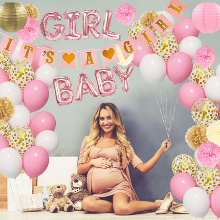 Baby Girl Shower Decorations with Pink Banner Balloons Paper Pom Poms Set