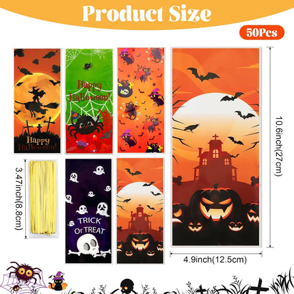 50-Piece Halloween Treat Bags, Clear Cellophane Candy Goodie Bags with Ties