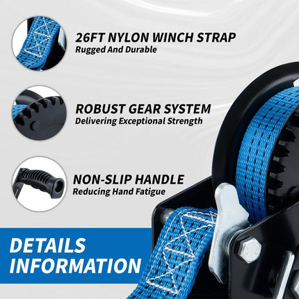 1600LBS Heavy-Duty Boat Trailer Winch with 26FT Strap, 2-Way Ratchet & 4:1 Gear
