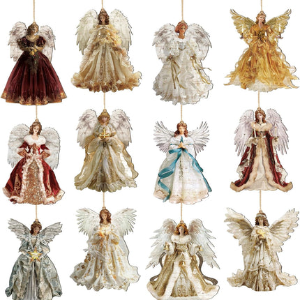 12-Piece Angel Christmas Ornament Set – Wooden Retro Angels for Tree Decoration
