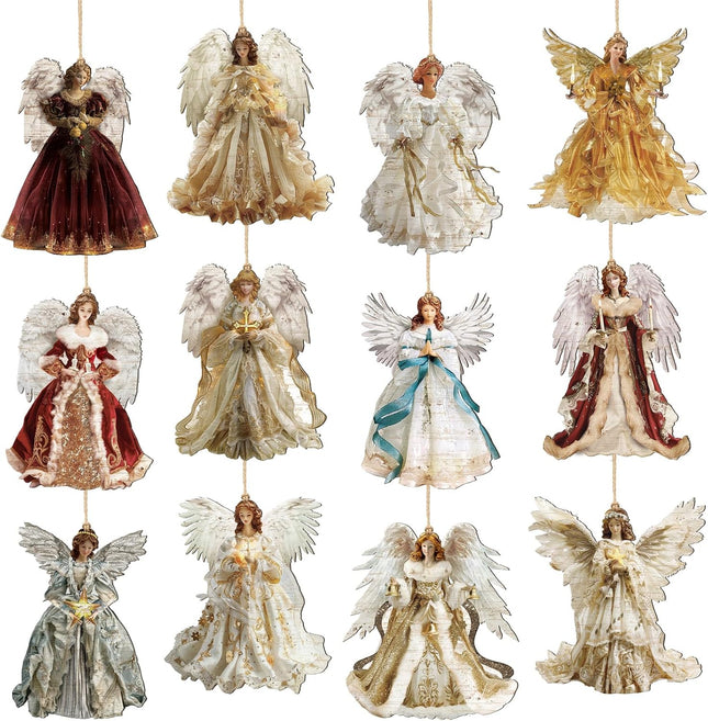 12-Piece Angel Christmas Ornament Set – Wooden Retro Angels for Tree Decoration