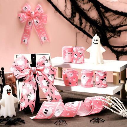 6-Roll Pink Halloween Wired Ribbon, 30 Yards, Ghost Witch Hat Bat Spider Web Print