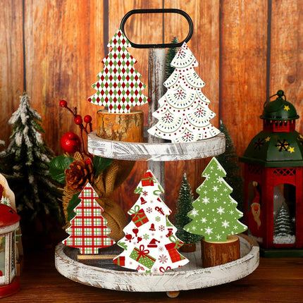 5PCS Wooden Christmas Tree Decor – Tiered Tray & Table Centerpieces Plaid Set