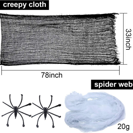 9-Piece Halloween Creepy Cloth Set, 78x33in Spider Web Gauze with 4 Spiders