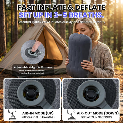 Ultralight Inflatable Camping Pillow, Ergonomic Travel Pillow with Washable Cover, Grey