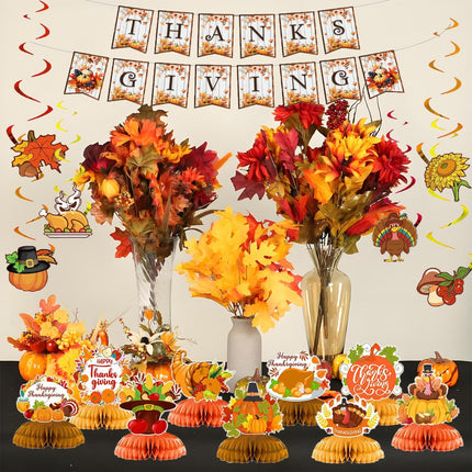 Thanksgiving Party Banner with 9 Harvest Centerpieces, Indoor Fall Decorations