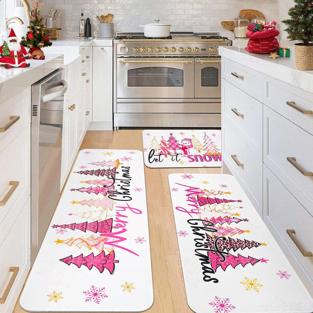 3 pcs Christmas Kitchen Rug Set Pink Tree & Snowman Washable Anti-Fatigue Mats