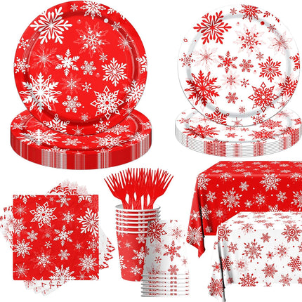 142-Piece Christmas Snowflake Party Supplies Red & White Plates and Napkins Set