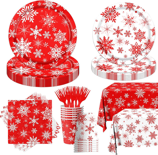 142-Piece Christmas Snowflake Party Supplies Red & White Plates and Napkins Set
