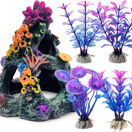Colourful Aquarium Coral Reef Decoration Set Resin Mountain with 4 Aquatic Plants