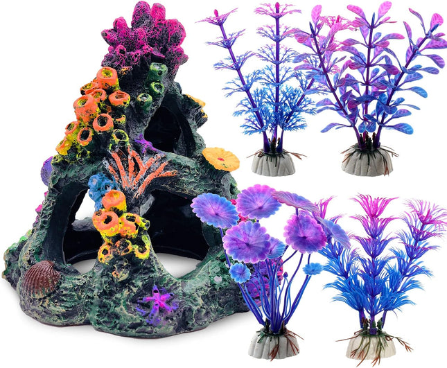 Colourful Aquarium Coral Reef Decoration Set Resin Mountain with 4 Aquatic Plants