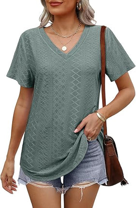 Women’s V Neck Short Sleeve T Shirts Loose Fit Casual Curved Hem Basic Tee