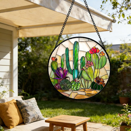 6.3" Cactus Stained Glass Suncatcher, Window Hanging Decor, Gift for Women, Mom & Grandma