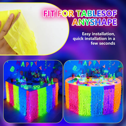 Glow in the Dark Party Table Skirts 2-Pack – Neon Foil Fringe Decorations
