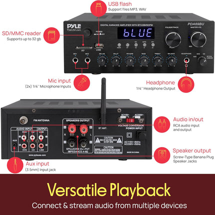 Bluetooth Stereo Receiver Amp, 2.0 Channel, USB/SD, FM, Mic Jack, Bass Control