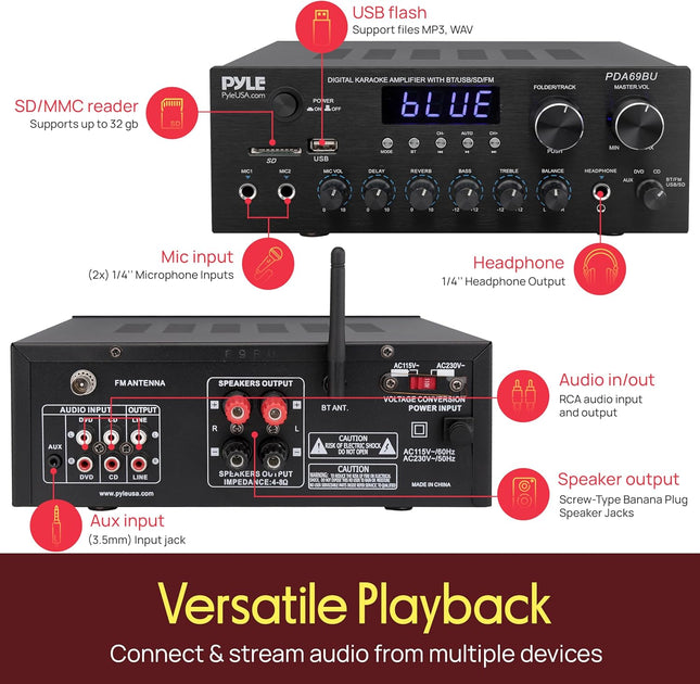 Bluetooth Stereo Receiver Amp, 2.0 Channel, USB/SD, FM, Mic Jack, Bass Control
