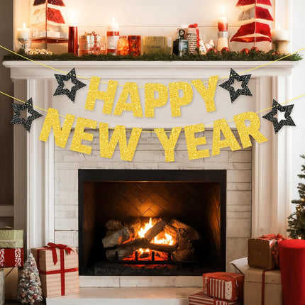 Happy New Year 2026 Banner Gold Glitter Eve Party Holiday Decor Sign