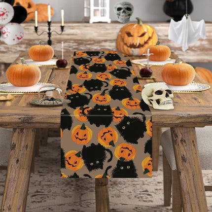 Halloween Table Runner 13x72in, Black Cat & Pumpkin Seasonal Dining Table Decor