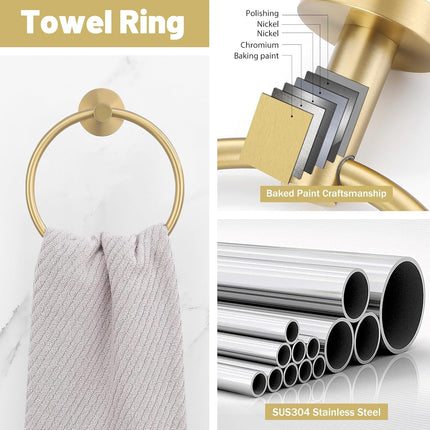 10pc Brushed Gold Bathroom Towel Bar Set, SUS304 Stainless Steel, 23.6 Inch Rack