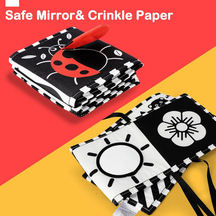 Black White Baby Toy High Contrast Tummy Time Soft Book Sensory Mirror 0-12 Months
