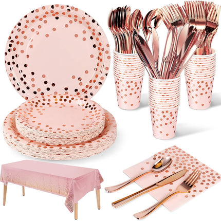 141-Piece Party Tableware Set – Pink & Rose Gold Plates, Napkins & Cutlery