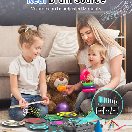 Electronic Drum Set – 9-Pad Roll-up Kit, Headphone Jack, 10H Playtime, Gifts for Kids