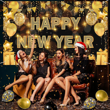 Happy New Year 2026 Backdrop – 71×44in Black & Gold Party Banner