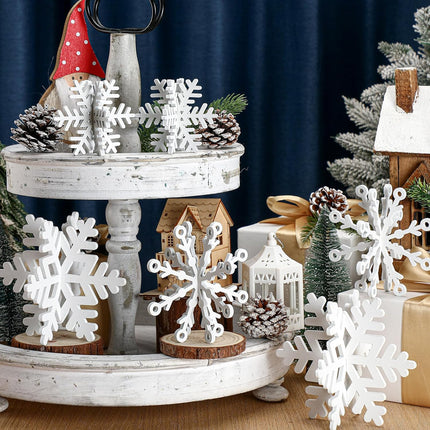 12-Piece Christmas Wooden Snowflakes, 3D White Table Signs & Centerpiece Decorations