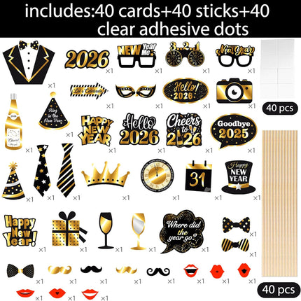 40 PCS Happy New Year 2026 Photo Booth Props Firework Glasses Party Supplies