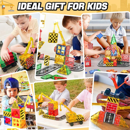 Magnetic Tiles Road Building Blocks & Crane Car Set for Kids 3+