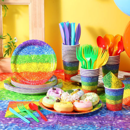 169pcs Rainbow Party Set – Plates, Cups, Napkins & Tableware for 24 Guests