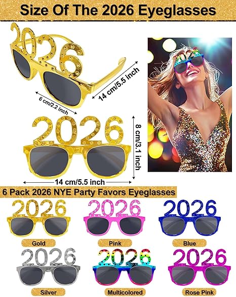 Happy New Year 2026 Glasses – 6-Pair Glitter Sunglasses Party Favors