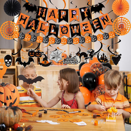 Happy Halloween Trick or Treat Banner, Paper Fans, Balloons & Swirl Party Decor