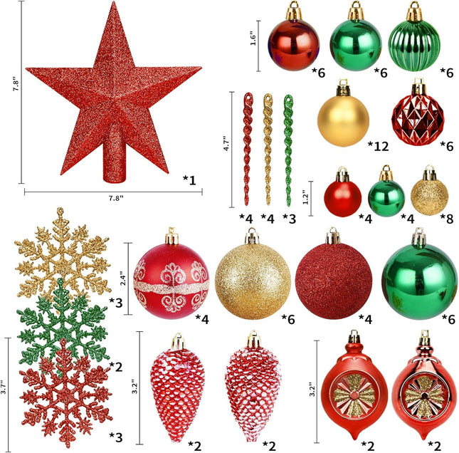 100PCS Gold, Red & Green Christmas Balls with Tree Topper – Shatterproof