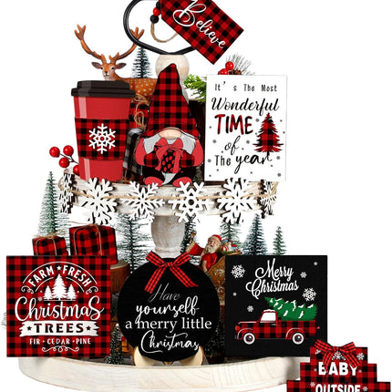 14-Pcs Christmas Tiered Tray Decor – Buffalo Plaid Snowflake Gnome Wooden Signs