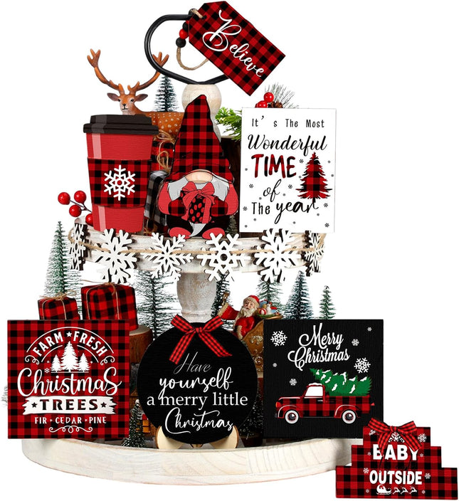 14-Pcs Christmas Tiered Tray Decor – Buffalo Plaid Snowflake Gnome Wooden Signs
